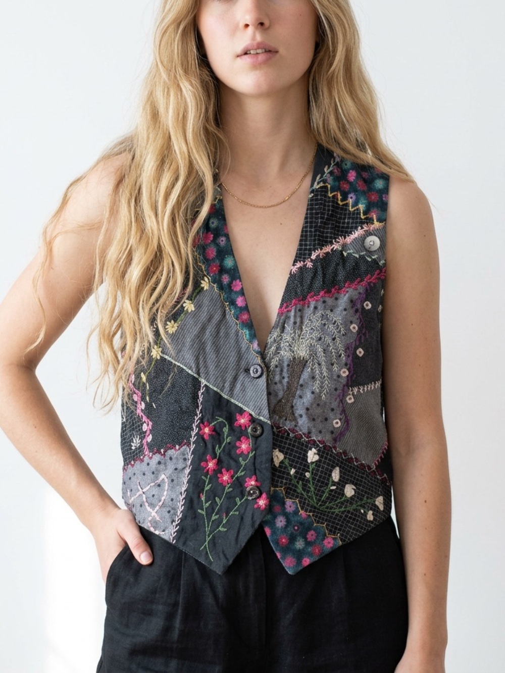 Vtg Handmade Crazy Quilt Patchwork Vest Wearable Folk Art Boho Goth Lagenlook